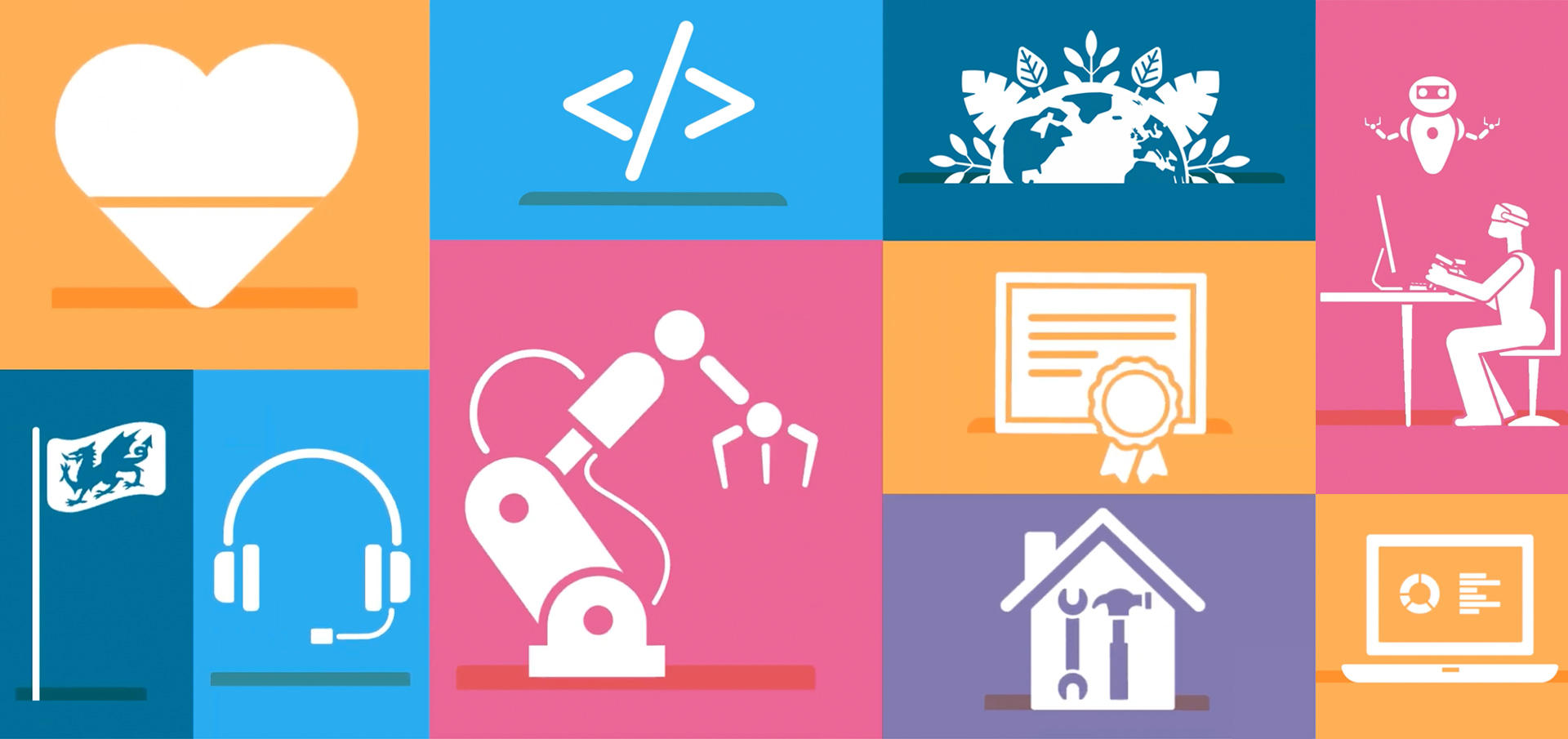 Various icons; heart, coding, environment, artificial intelligence, Welsh flag, headphones, robot, construction tools, certificate and laptop